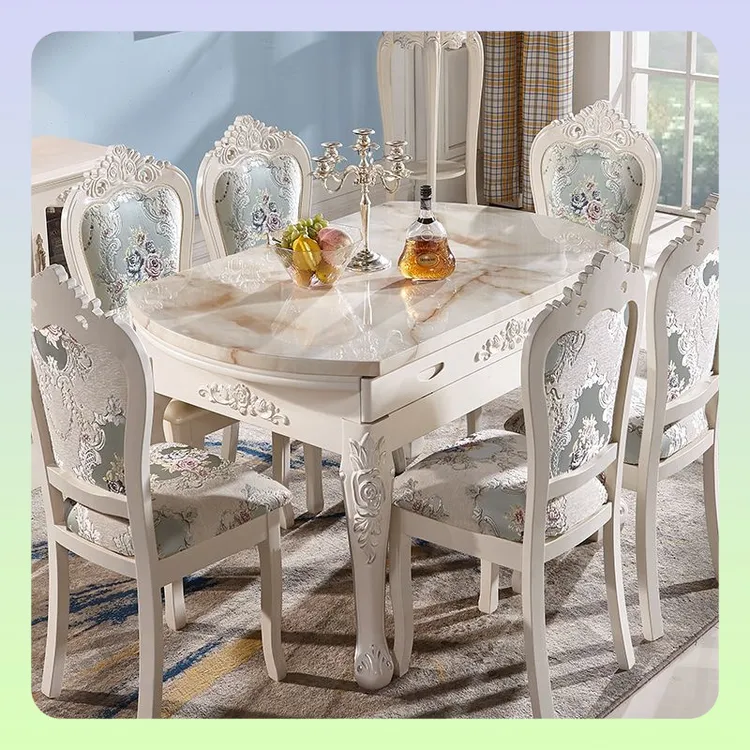 【好评率超99%同款】欧式餐桌家用可伸缩圆桌大理石实木椅组合吃饭