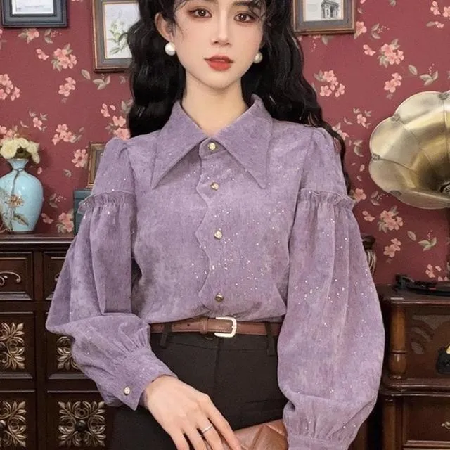 港风复古香芋紫漂亮衬衫女早春季新款长袖上衣小个子时尚气质衬衣