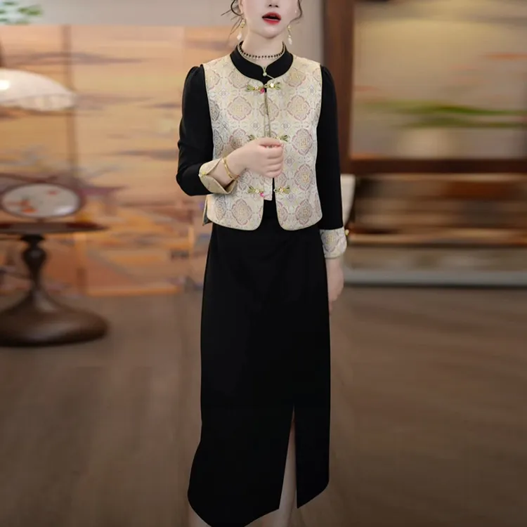 星空软精纺入秋穿搭一整套女装2025秋季新款新中式两件套连衣裙子