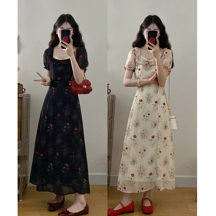 大码女装蕾丝拼接短袖连衣裙胖mm夏季新款收腰显瘦泡泡袖长裙子仙