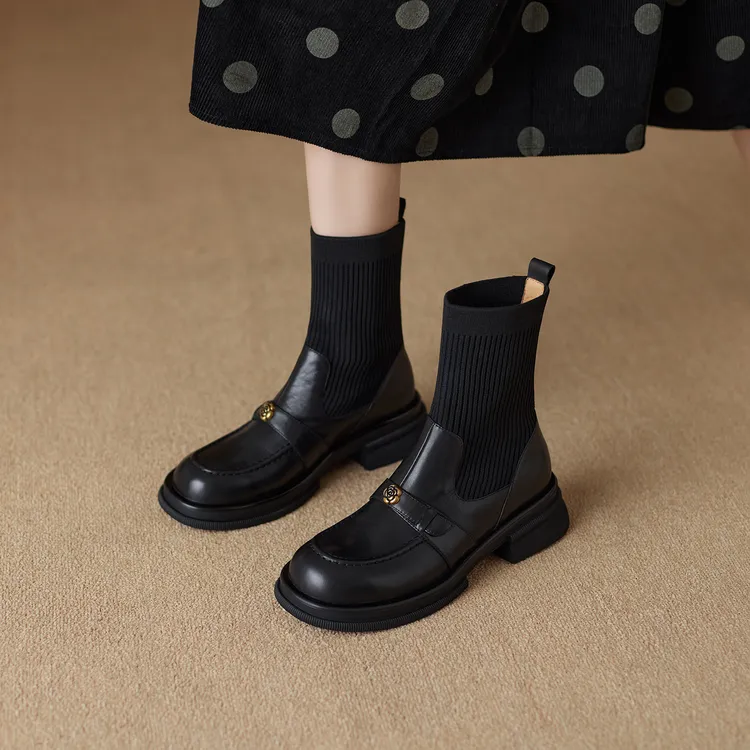 舒适山茶花真皮马丁靴女秋冬新款厚底短靴针织弹力袜靴粗跟瘦瘦靴