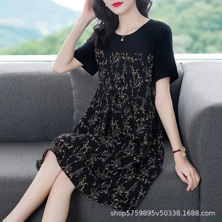 春夏新款碎花连衣裙女大码女装拼接褶皱宽松显瘦气质妈妈装裙子潮