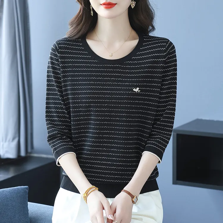 中老年妈妈装圆领条纹针织衫女秋装上衣2025新款时尚春秋薄款毛衣
