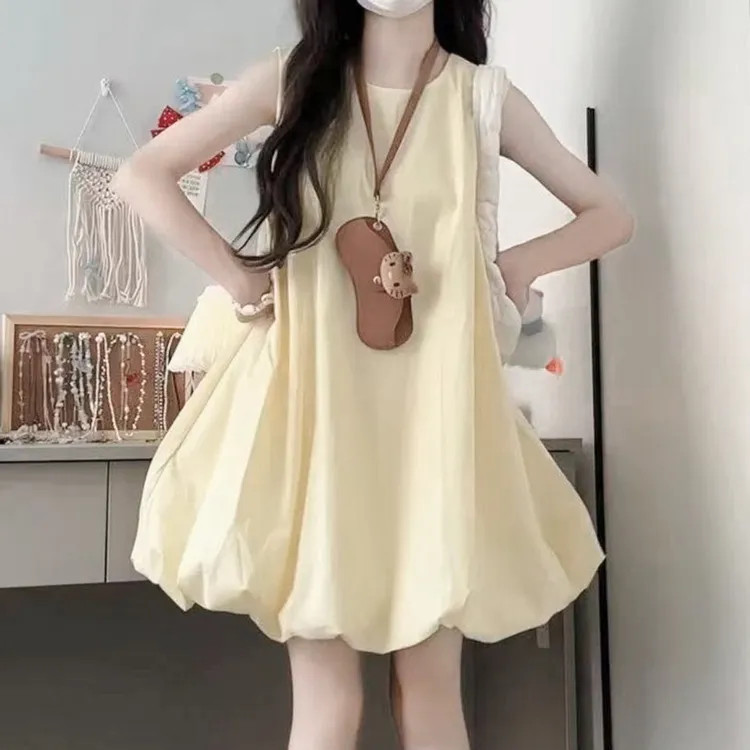 儿童女装夏装连衣裙纯色无袖花苞裙薄款小众裙子中大童吊带背心裙