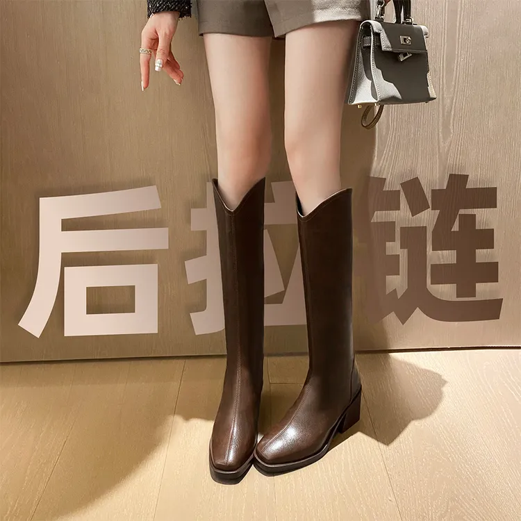 Koee/7cm/新款秋冬长筒靴粗跟百搭加绒时装靴V口骑士真皮长靴女