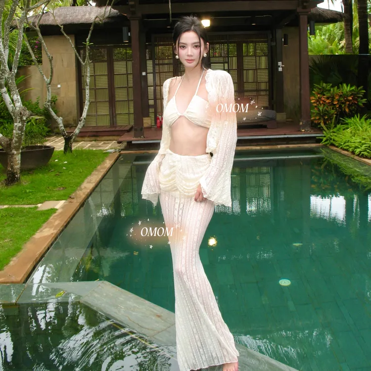 仙女度假风蕾丝比基尼四件套鱼尾沙滩长裙海边拍照好看泳衣6008