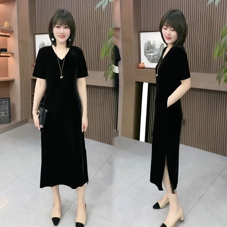 简约大气连衣裙2025夏季新款时尚高级感金丝绒宽松显瘦气质长裙