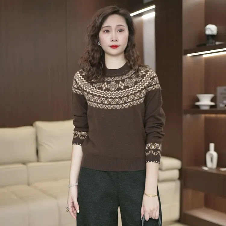 老钱风咖色费尔岛提花长袖针织衫女冬季新款洋气时髦休闲毛衣3761