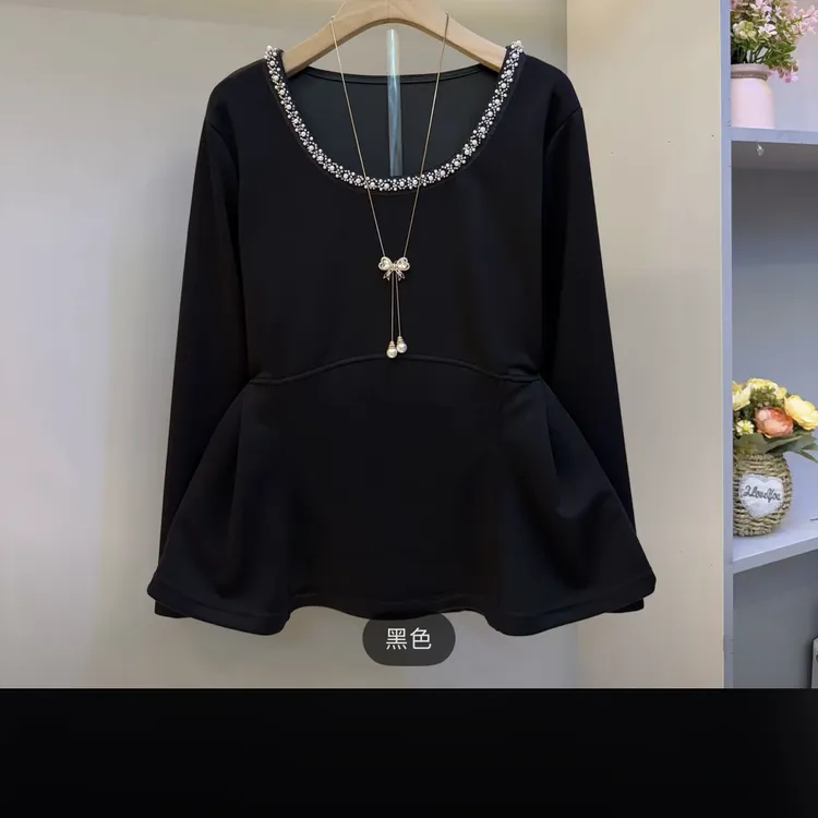 法式褶皱圆领宽松型圆领T恤秋冬春季套头设计师长袖