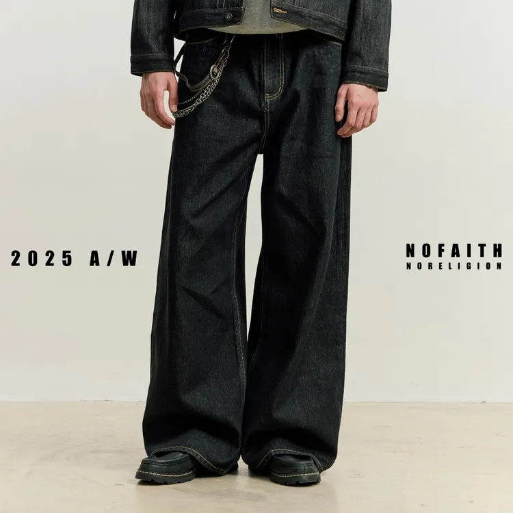 NOFAITH复古原色A字版型牛仔裤男秋季宽松百搭休闲直筒长裤NK5246