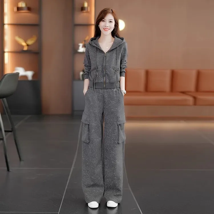 拉夏贝尔宽松卫衣外套工装阔腿裤两件套春秋季新款时尚套装