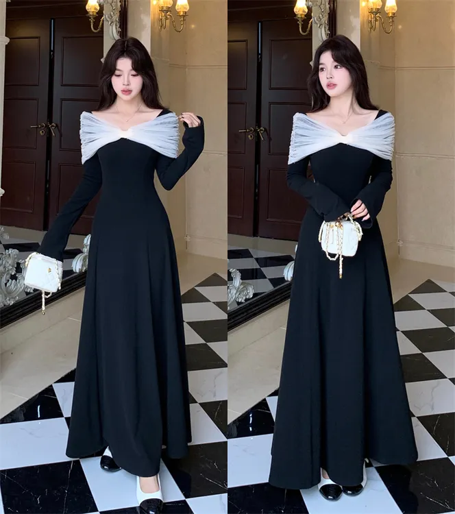 法式一字肩黑色长袖针织连衣裙女秋冬高级感气质收腰生日礼服长裙