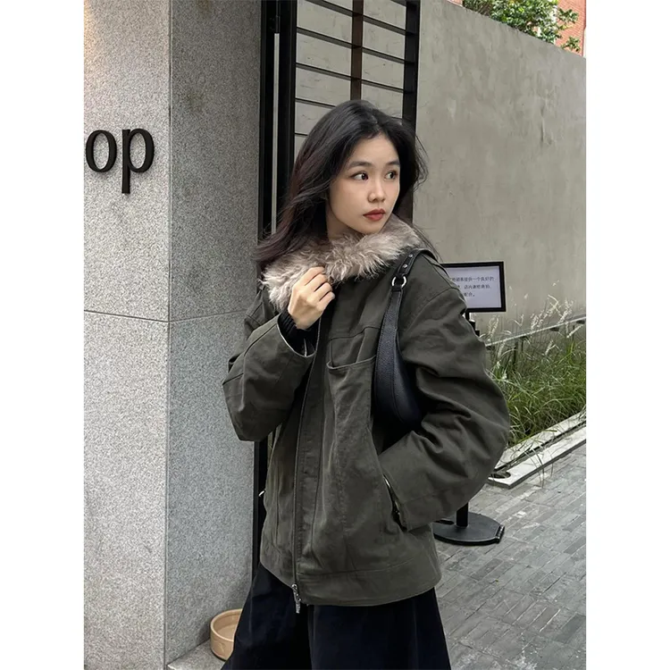 韩版复古纯色高级毛领夹克外套女2025春季新款宽松百搭设计感上衣
