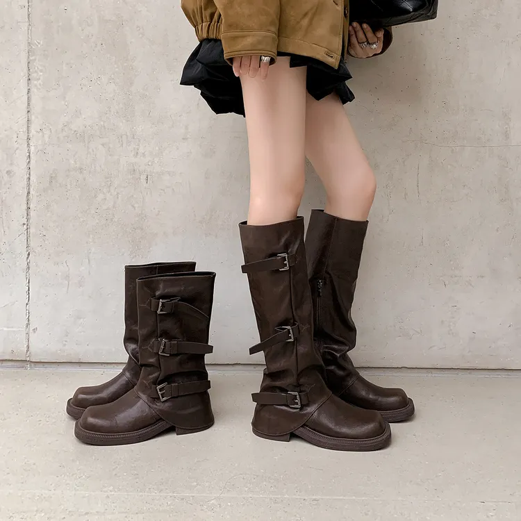 靴子女长筒靴2025新款爆小个子鞋子棕色增高加宽中筒骑士靴马丁靴