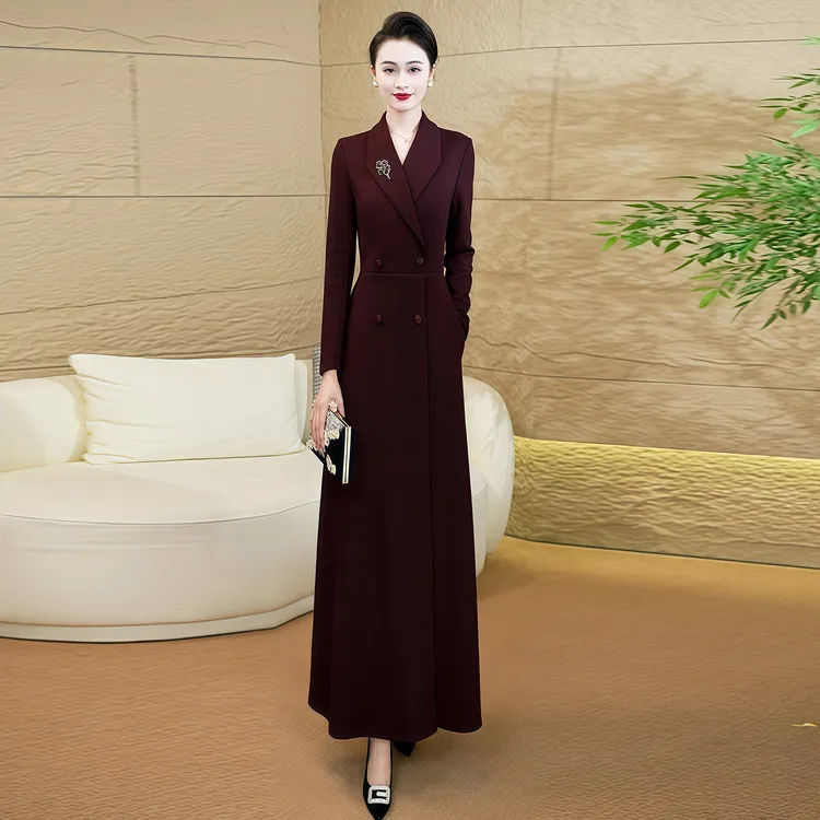 冬季加厚女连衣裙2025年新款轻奢高级感百搭气质显瘦酒红色长裙71