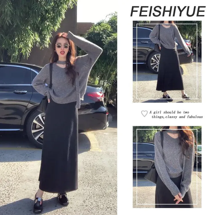 超火穿搭一整套女2025秋季新款气质简约长袖毛衣显瘦半身裙两件套