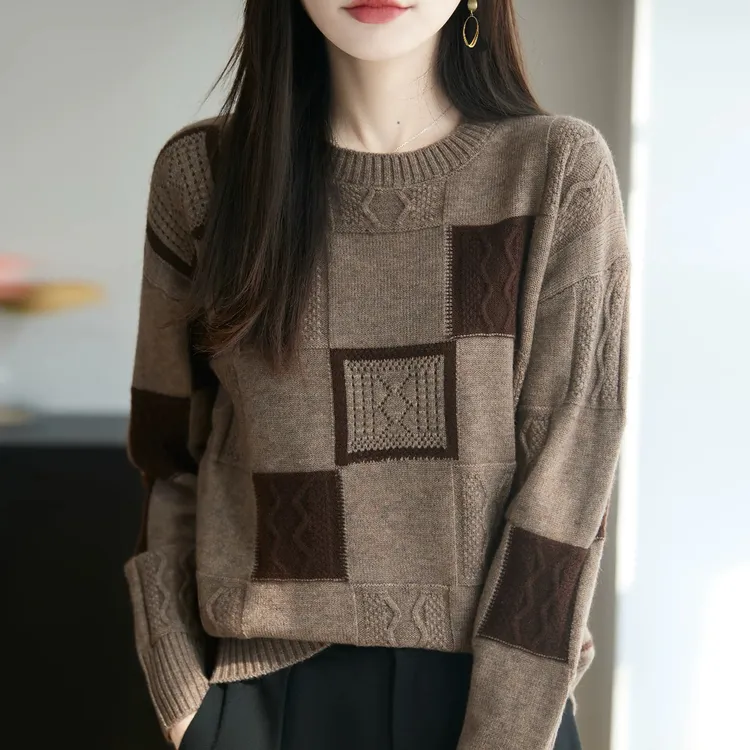 冬季新款时尚洋气内搭方块宽松显瘦针织打底衫