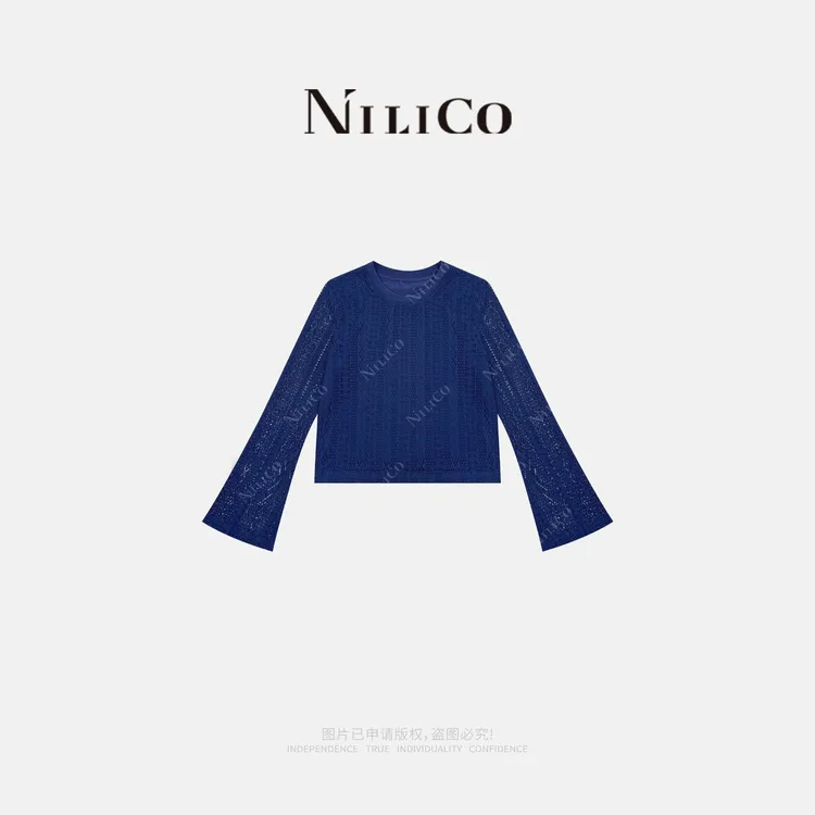 NILICO【映午蓝】镂空蕾丝圆领喇叭袖正肩修身上衣