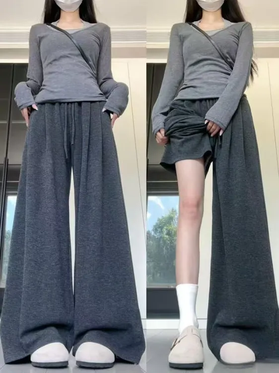 加绒加厚糯米裤秋冬新款百搭高腰显瘦垂感直筒裤阔腿裤慵懒休闲裤