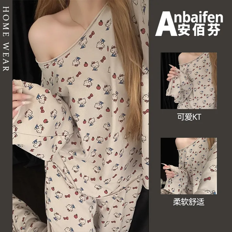 ins韩系甜美露肩睡衣女春秋季凯蒂猫长袖长裤宽松慵懒风可爱套装