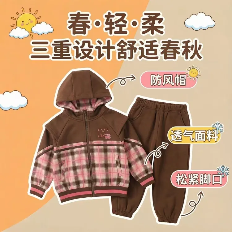 女童春秋套装拉链格子拼接女卡通套装女童卫衣休闲时尚韩版舒适