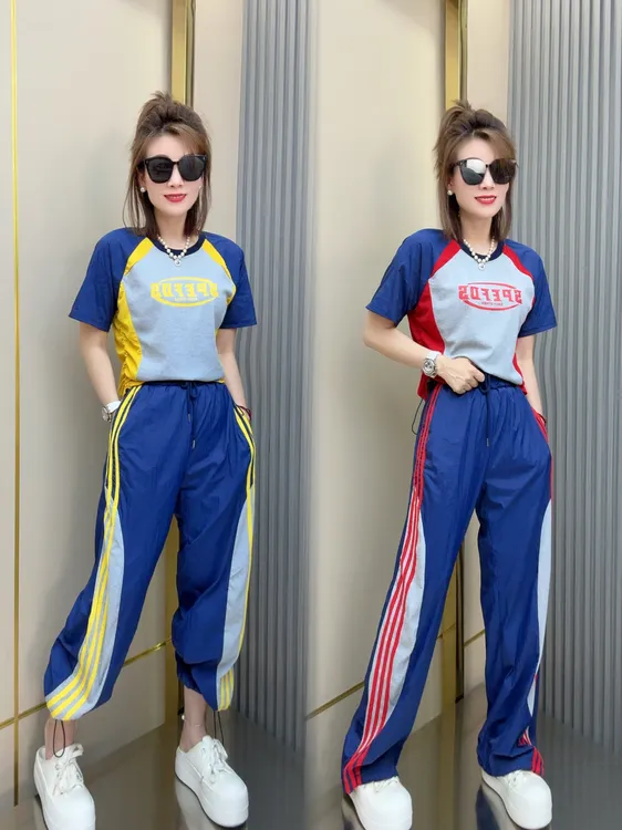 速干拼色字母短袖侧条纹裤子两件套