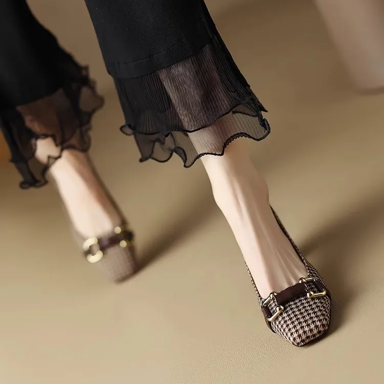 羊皮版真皮法式复古一脚蹬粗跟高跟鞋女通勤软底舒适职业工作单鞋