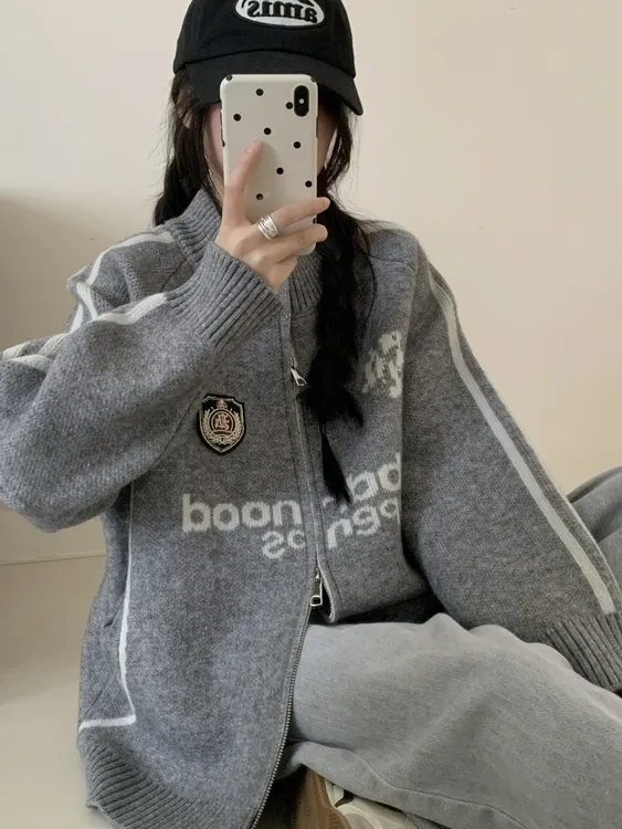 超重工~棒球风字母拉链毛衣开衫女2025秋冬新款宽松针织衫外套潮