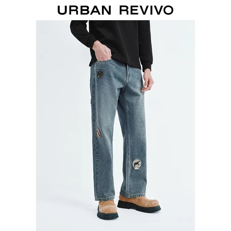 UR2025秋季新款男装时尚复古贴布绣棉质牛仔长裤UML850102