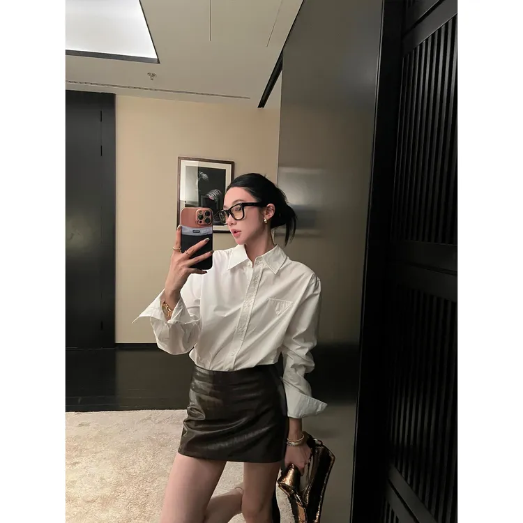 区区欧阳 三角标纯棉白色衬衫女冬季设计感小众衬衣宽松长袖上衣