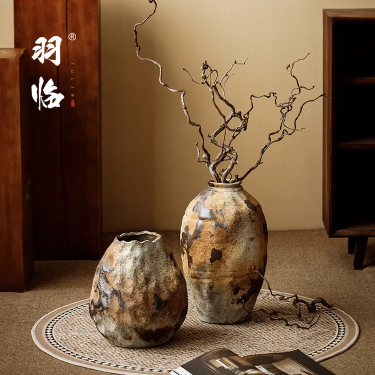 景德镇落地花瓶侘寂风禅意陶瓷粗陶罐干插花器做旧风民宿装饰摆件