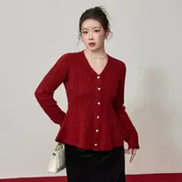 大码V领复古绞花毛衣女2025冬季新款收腰显瘦荷叶边针织衫5702