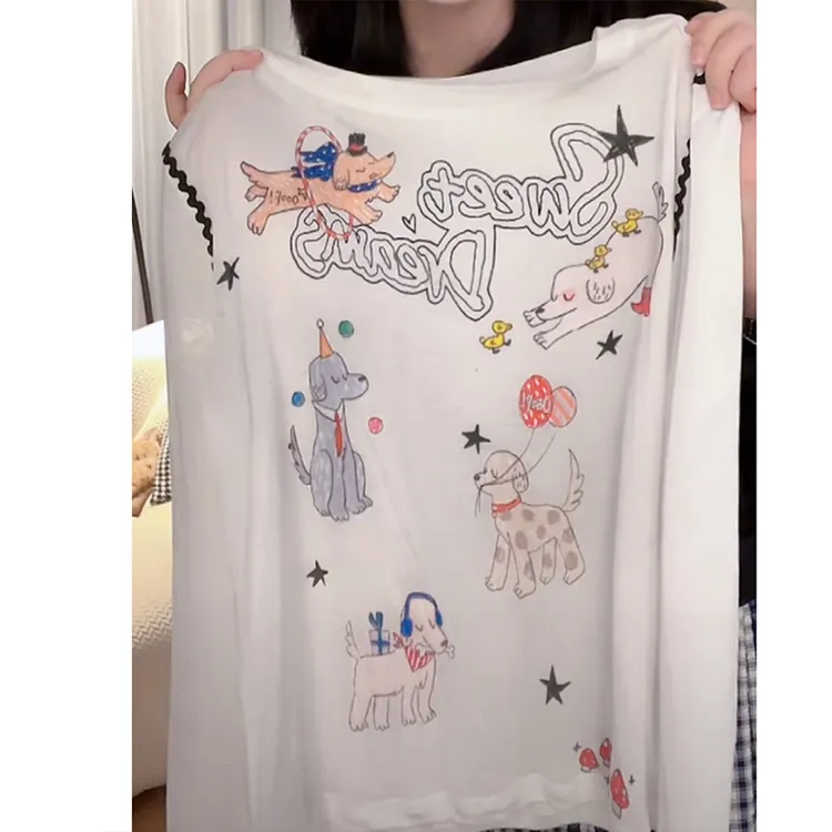 韩版气质圆领防晒T恤女2025夏季新款卡通印花薄款透气小个子罩衫