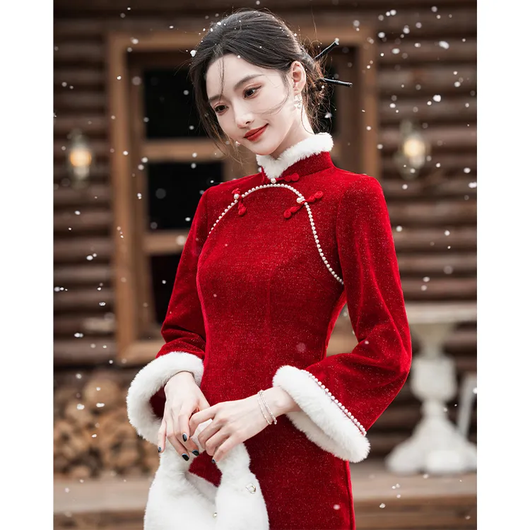 小个子女生拜年服红色旗袍新中式冬季年轻款日常中国风改良连衣裙