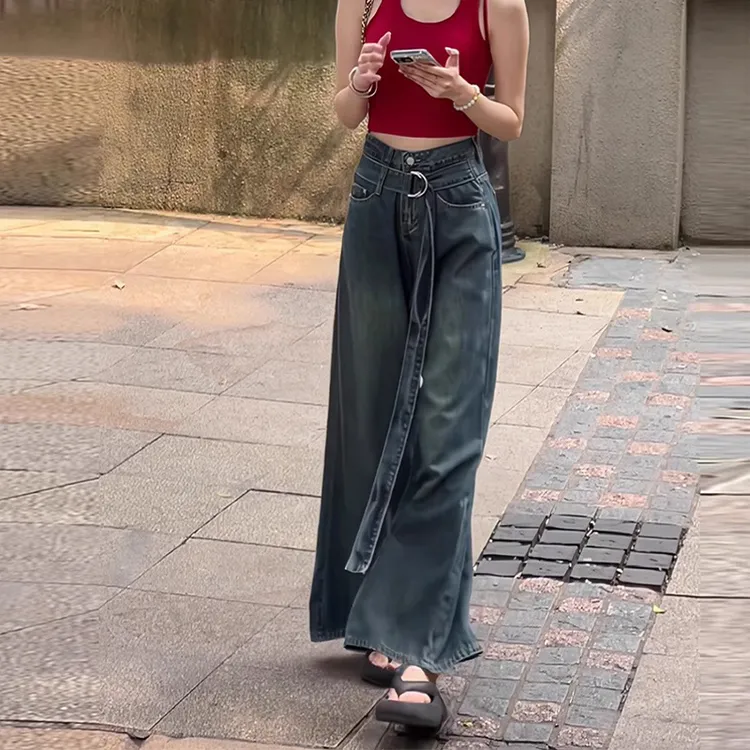 美式腰头绑带设计阔腿牛仔裤女夏季新款复古高腰显瘦垂感拖地长裤