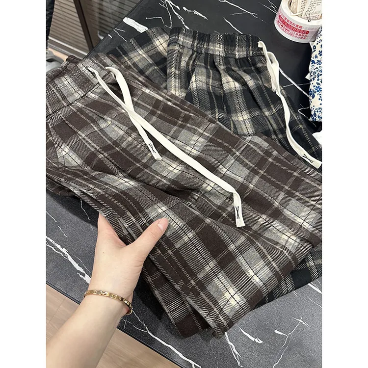 薄款格子条纹裤】慵懒风~薄款格子撞色休闲条纹裤女