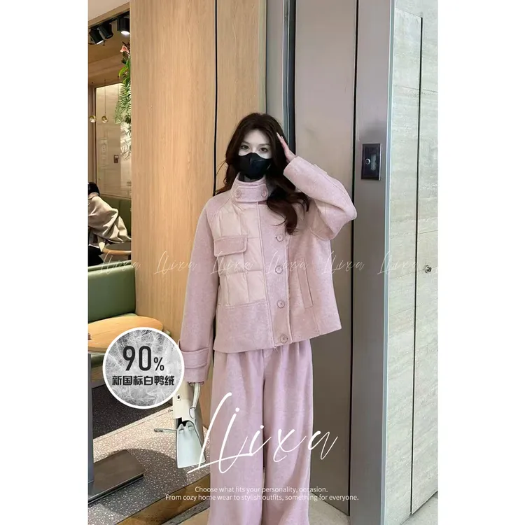 Liixu秋冬立领拼接90白鸭绒羽绒服外套女显瘦阔腿裤套装L48TZ080