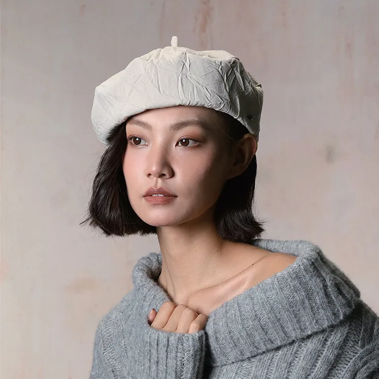 KEYONE百搭秋季无檐极简贝雷帽褶皱肌理文艺帽子