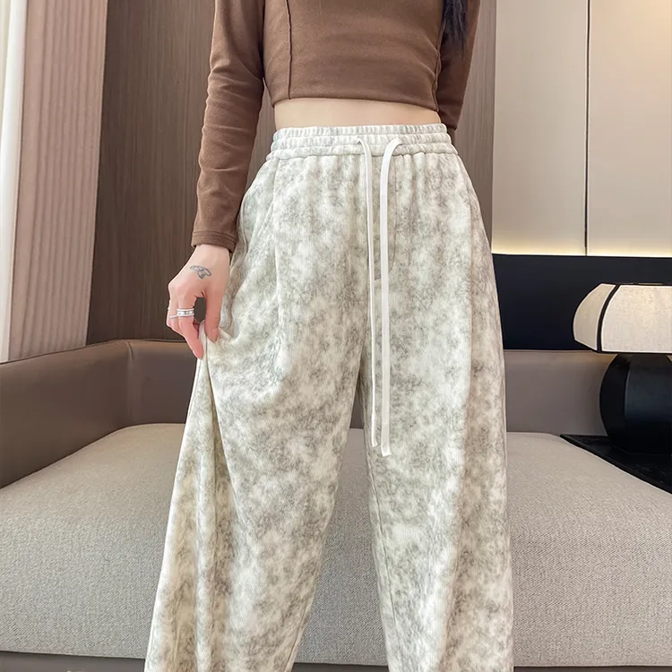 水墨画国风直筒裤女春秋2025新款扎染高腰窄版阔腿裤休闲拖地长裤