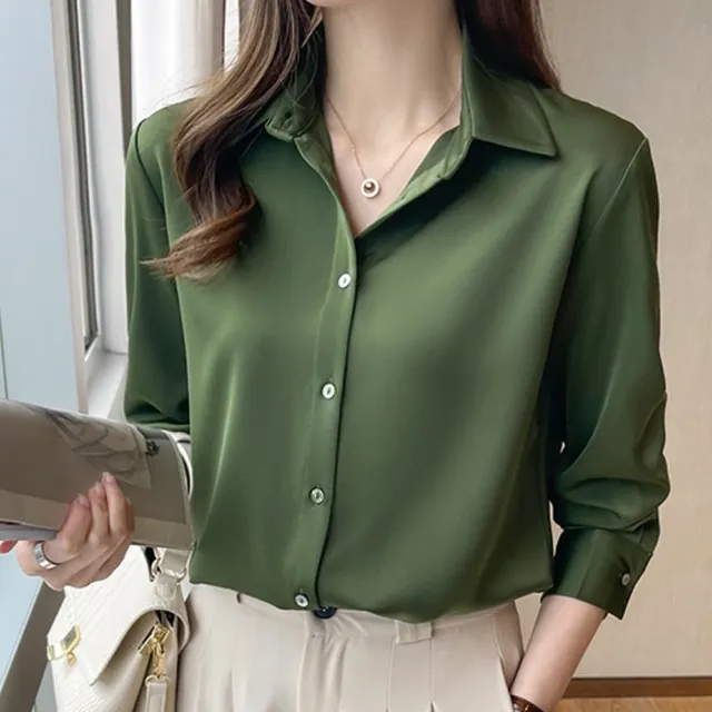 缎面衬衫女设计感小众2025春秋复古港味气质高端牛油果抹茶绿衬衣