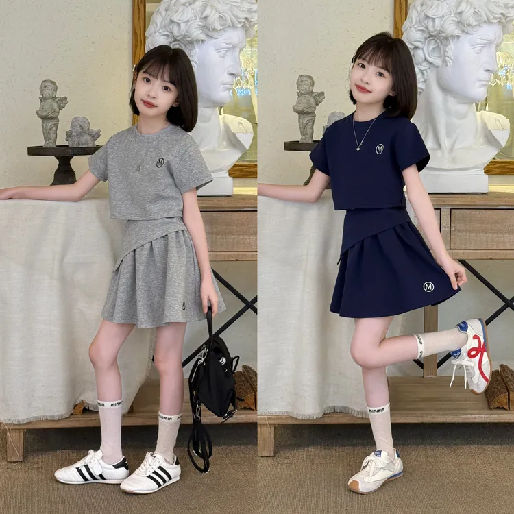 韩版不规则圆领短袖针织上衣套装2025女童夏气质高腰a字半身短裙