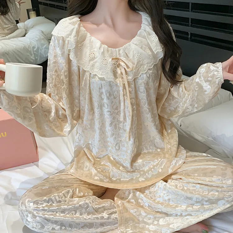 睡衣女秋冬季少女甜美蕾丝甜美花边长袖长裤家居服套装2035