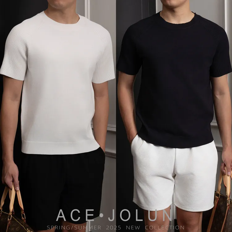 【坑纹插肩】高端可机洗针织衫短袖男士夏季轻奢老钱风圆领内搭上衣