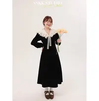 KMZY/KMZY山_山【浪漫定义】微胖女装韩系蕾丝拼接领优雅丝绒连衣裙