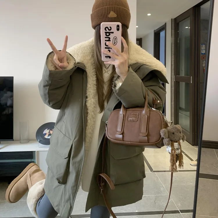 2025年新款冬季羊羔毛派克棉服女工装加绒中长款棉袄明星穿搭外套