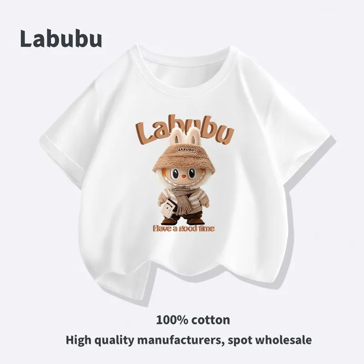 潮牌拉布布labubu童装2025卡通亲子装夏季纯棉短袖儿童休闲T恤潮