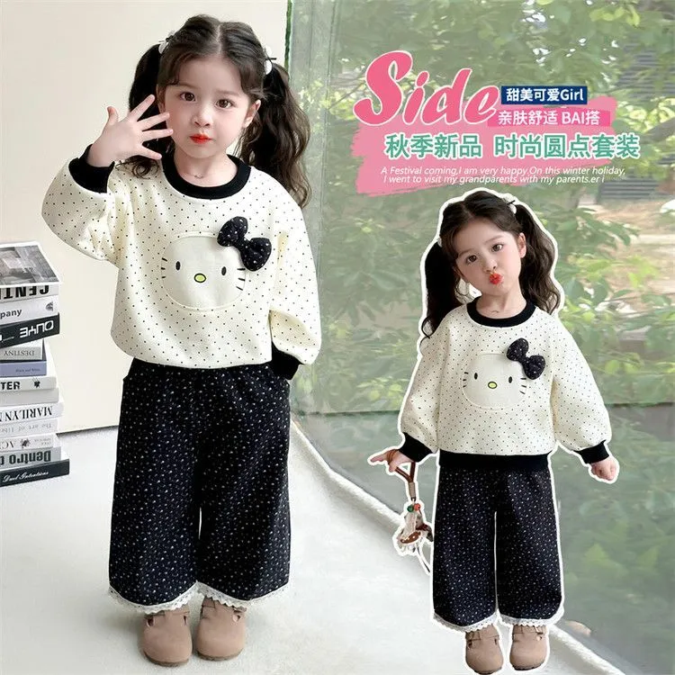 女小童韩系套装春秋款女宝宝圆点猫咪卫衣秋装小女孩阔腿裤两件套