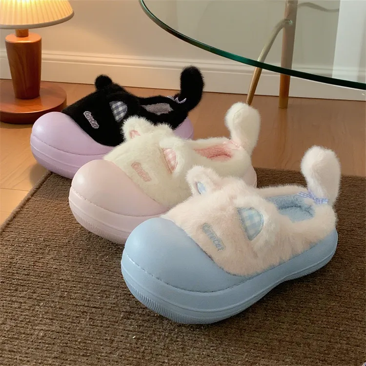 细细条 女士厚底防滑软妹棉拖鞋可爱小猫Lolita毛绒保暖毛毛鞋冬