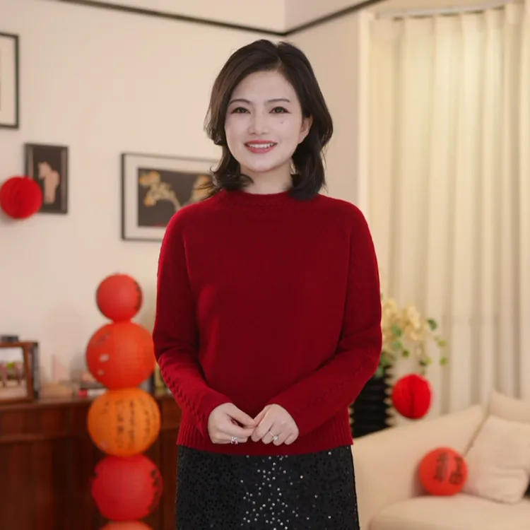 阿楠anan 昭昭如愿 全羊毛红色圆领麻花纹软糯保暖羊毛衫气质毛衣