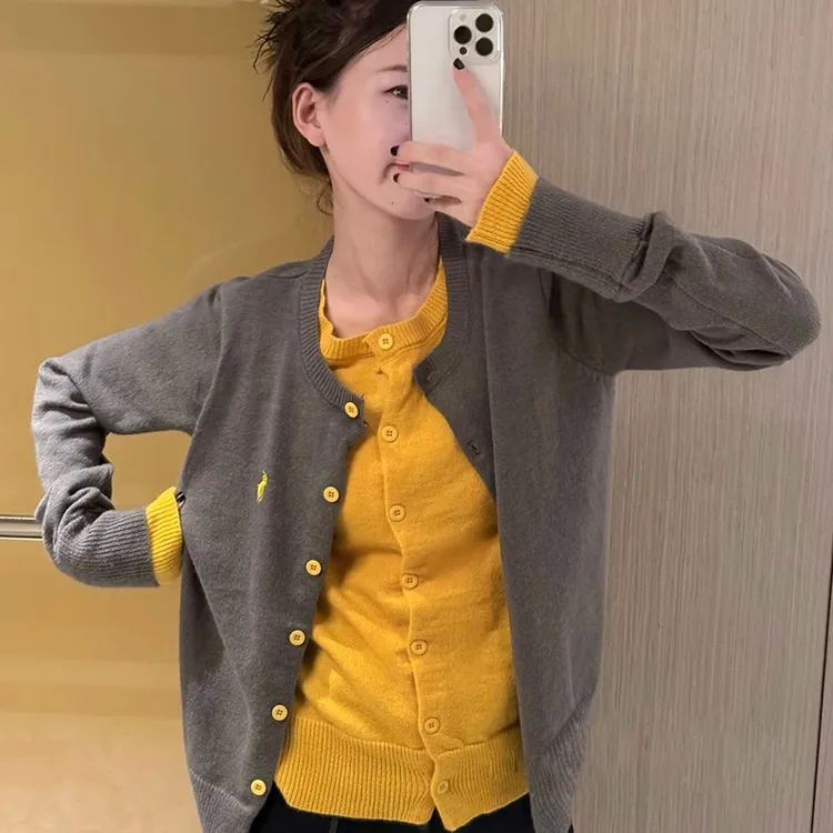 韩系拼接撞色假两件灰色针织开衫早秋外套女秋季休闲外搭秋冬毛衣